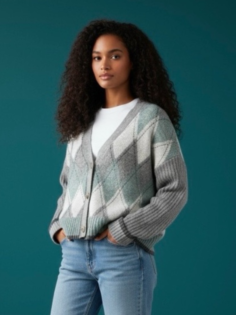 NWOT Rachel Zoe Gray, Mint & Cream Argyle V-Neck Cardigan